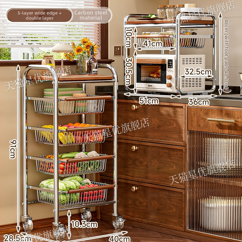 5-poschodový stojan na podlahe s kolieskami z uhlíkovej ocele – otočný, vlhkosť odolný organizér pre kuchyňu, spálňu a obývačku