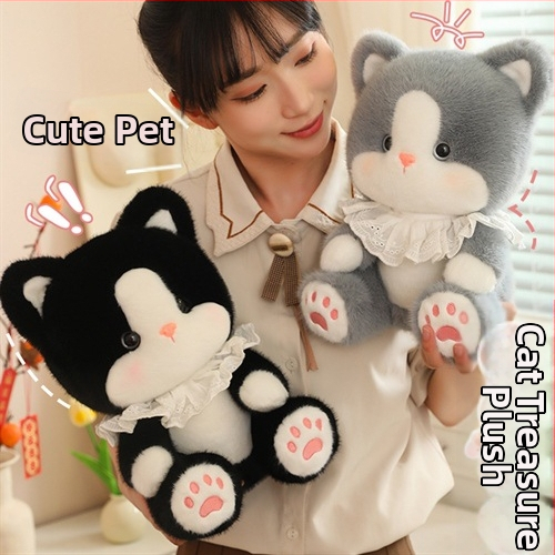 Väike kassikäepadi — kass Plüüž mänguasi, mudel: Loom, täidis: vahtosakesed, väga pehme lühikarv plüüš, mõeldud lastele 0–3 aastat