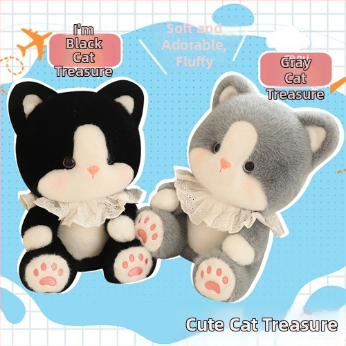 Väike kassikäepadi — kass Plüüž mänguasi, mudel: Loom, täidis: vahtosakesed, väga pehme lühikarv plüüš, mõeldud lastele 0–3 aastat