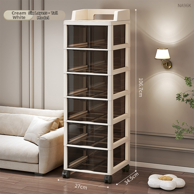 Šesťúrovňový úložný kabinet so zásuvkami, pohyblivý, stojaci na podlahe, plastový