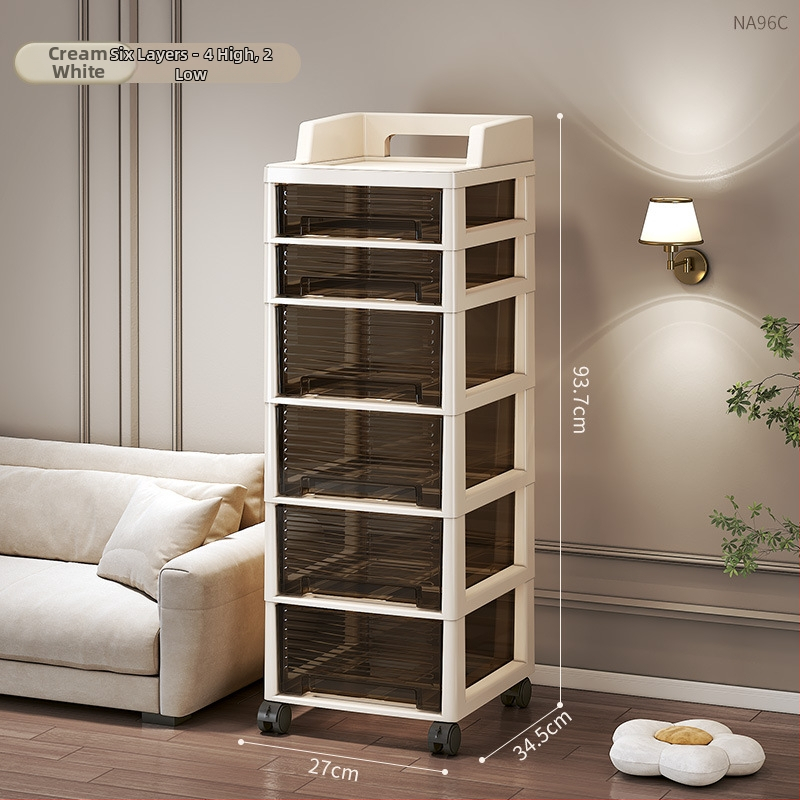 Šesťúrovňový úložný kabinet so zásuvkami, pohyblivý, stojaci na podlahe, plastový