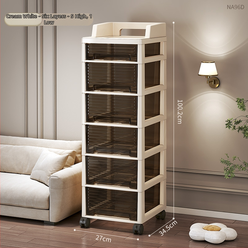 Šesťúrovňový úložný kabinet so zásuvkami, pohyblivý, stojaci na podlahe, plastový