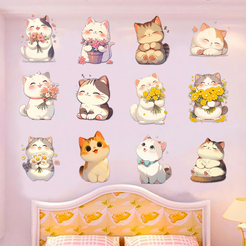 Dekoratív falmatrica — rajzolt macska, aranyos állatmintázat, PVC, vízálló, Instagram-stílus