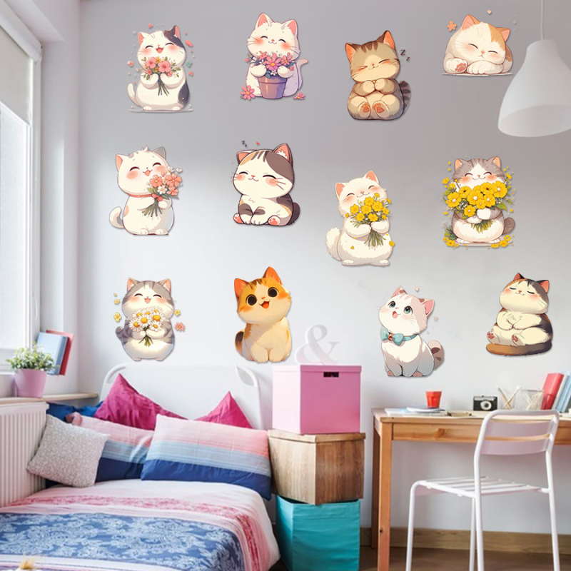 Dekoratív falmatrica — rajzolt macska, aranyos állatmintázat, PVC, vízálló, Instagram-stílus