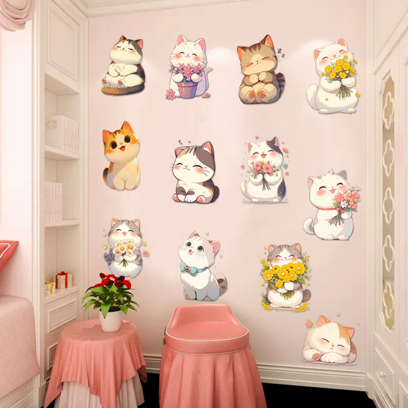 Dekoratív falmatrica — rajzolt macska, aranyos állatmintázat, PVC, vízálló, Instagram-stílus