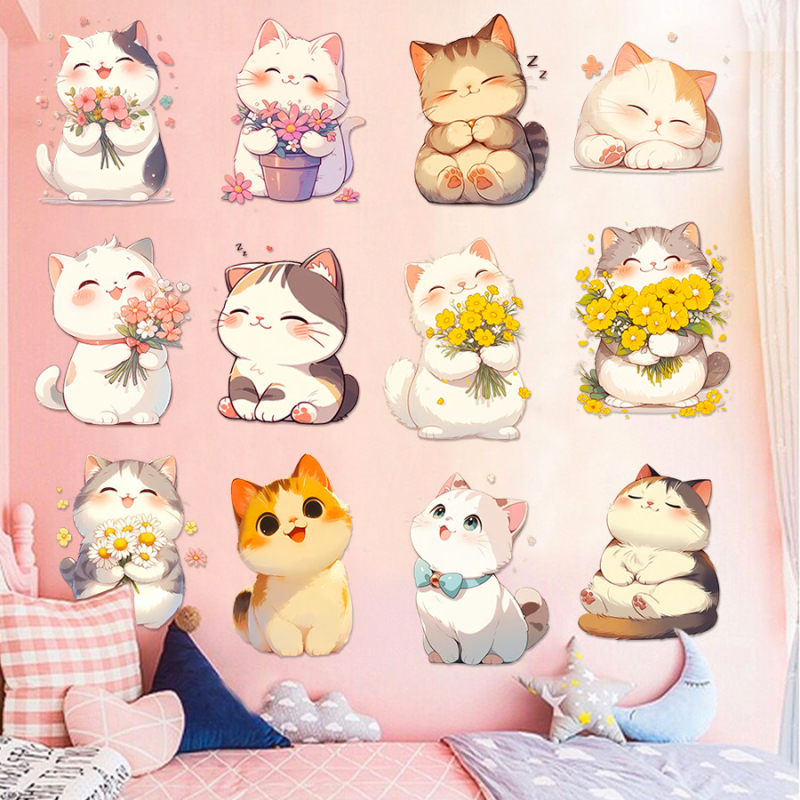 Dekoratív falmatrica — rajzolt macska, aranyos állatmintázat, PVC, vízálló, Instagram-stílus