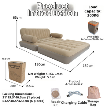 Nafukovací kempingový gauč s vysokým operadlom, flocking + PVC, hmotnosť 5,2 kg, pre dospelých