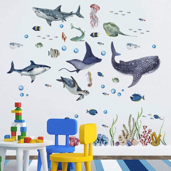 Set naljepnica za zid: oceanski prizor s sladakim životinjama, PVC materijal, 2 komada, pogodno za dnevni boravak, spavaću sobu, studij, kuhinju, kupaonu