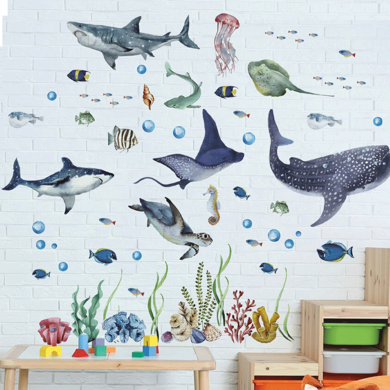 Set naljepnica za zid: oceanski prizor s sladakim životinjama, PVC materijal, 2 komada, pogodno za dnevni boravak, spavaću sobu, studij, kuhinju, kupaonu