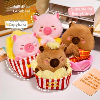 Kapibara plyšová hračka v štýle Budhu s popcornom a hranolkami — ultra jemný krátky plyš, výplň z peny, farebná škatuľka (vek 0–3 rokov)