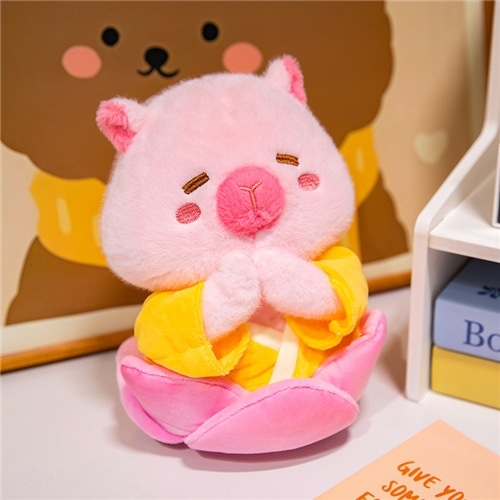 Kapibara plyšová hračka v štýle Budhu s popcornom a hranolkami — ultra jemný krátky plyš, výplň z peny, farebná škatuľka (vek 0–3 rokov)