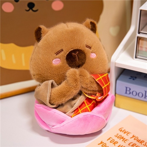 Kapibara plyšová hračka v štýle Budhu s popcornom a hranolkami — ultra jemný krátky plyš, výplň z peny, farebná škatuľka (vek 0–3 rokov)