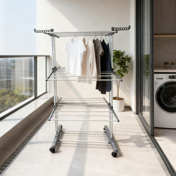 Podlahový stojan na sušenie odevov z kovu, s dvojitou tyčou, skladací a rozšíriteľný, moderný minimalistický dizajn