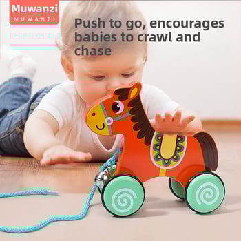 Drevená ťahacia chodítko hračka pre deti 4–6 rokov s motívom kresleného zvieraťa; materiál: drevo; značka: Big hand in small hand; rozvíja koordináciu ruka-oko