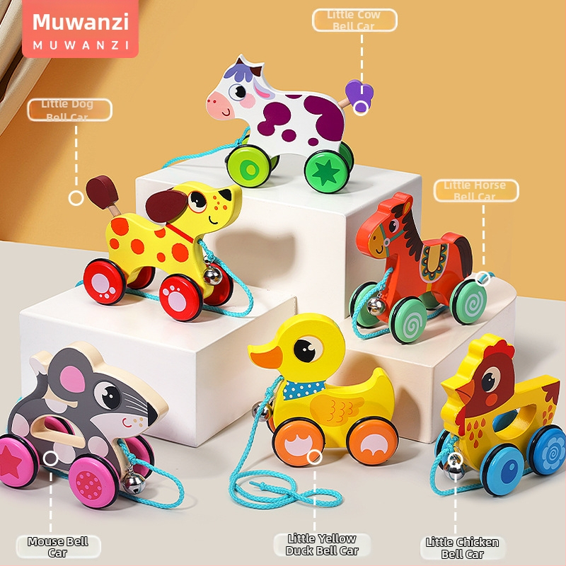 Koka vilkšanas staigāšana rotaļlieta ar karikatūras dzīvnieka dizainu, vecumam 4–6 gadi; materiāls: koks; zīmols: Big hand in small hand; attīsta roku- acs koordināciju