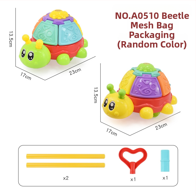 Detská ťahacia hračka s figúrkami zvierat (pterozaur, krab, chrobák, zajačik) — z plastu, s jednou tyčou, hudobný zvonček, hojdať sa a otáčať sa