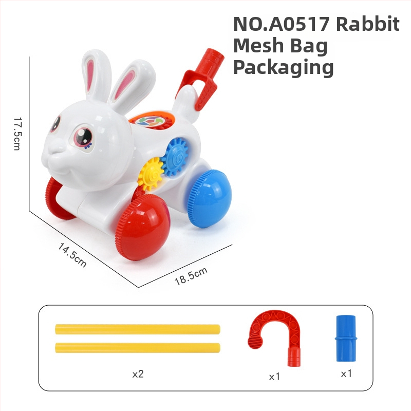Detská ťahacia hračka s figúrkami zvierat (pterozaur, krab, chrobák, zajačik) — z plastu, s jednou tyčou, hudobný zvonček, hojdať sa a otáčať sa