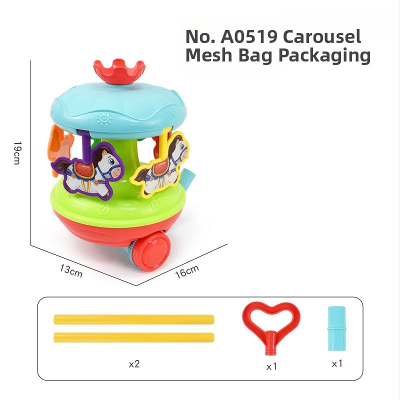 Detská ťahacia hračka s figúrkami zvierat (pterozaur, krab, chrobák, zajačik) — z plastu, s jednou tyčou, hudobný zvonček, hojdať sa a otáčať sa