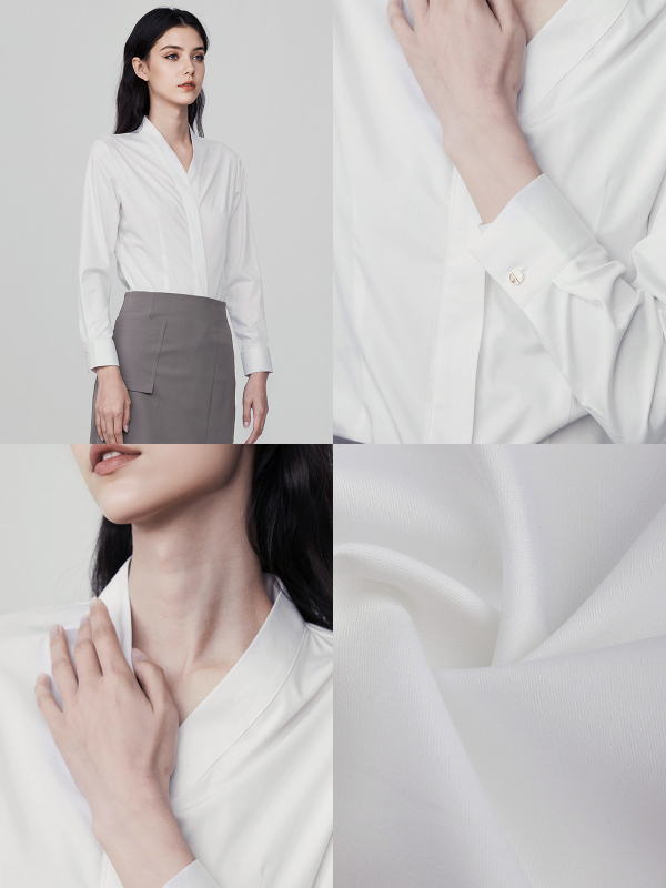 Dámska šifónová blúzka – Slim fit, dlhý rukáv, V-krk, skrytá placka s gombíkmi, kancelársky štýl