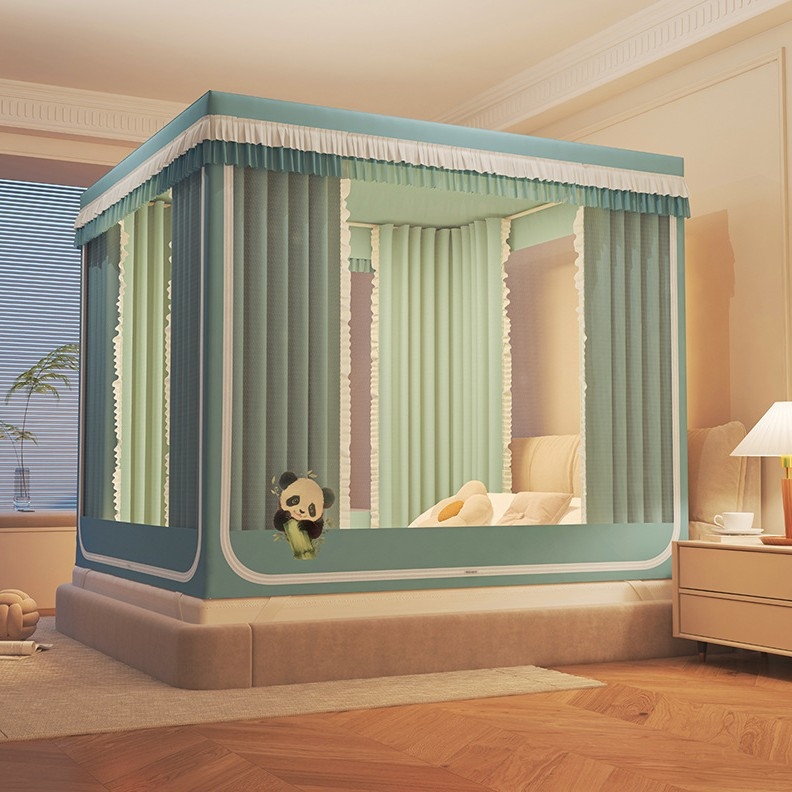 Záves na posteli so tri dverami, štýl zipsového stanu, moderný minimalistický dizajn; materiál polyester; rám z maľovaného železa; montáž je potrebná