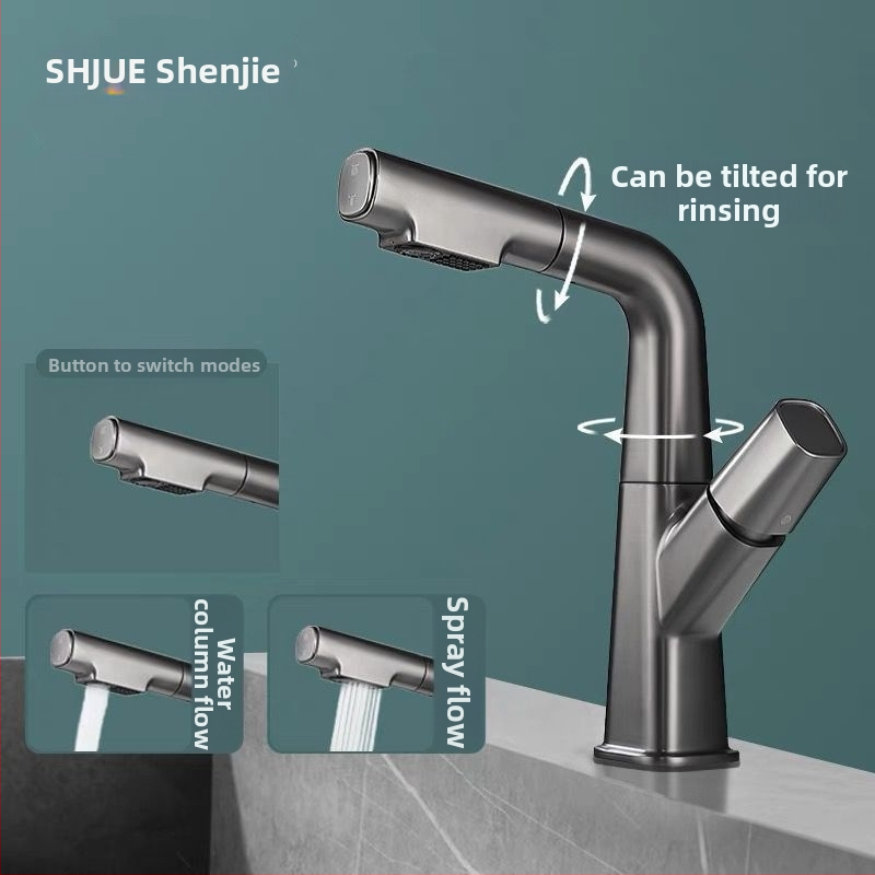 M13 Meďový umývadlový kohútik s ťahacím výsuvom – miešanie, keramický kartridž, povrchová úprava s vodným leskom