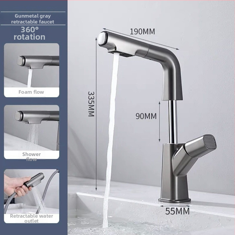 M13 Meďový umývadlový kohútik s ťahacím výsuvom – miešanie, keramický kartridž, povrchová úprava s vodným leskom