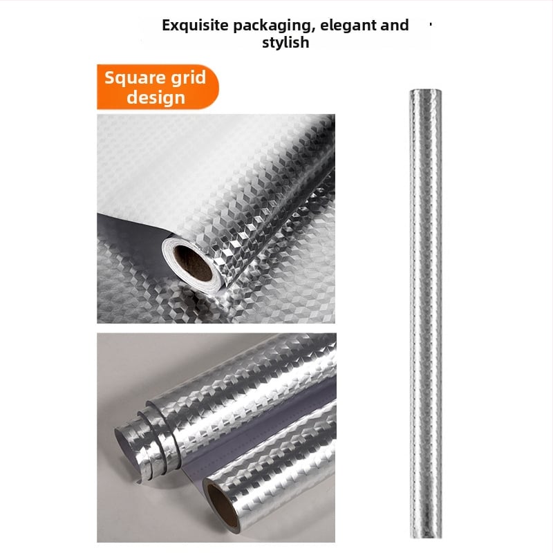 Stena sticker kuchyne – samolepiaci, vodeodolný, vlhkosť-odolný, olejodolný, odolný voči špine; geometrický štvorcový vzor; materiál PET/aluminová fólia/PVC; jedna doska.