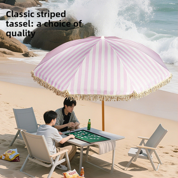 Plážový slnečník s 8 lúkami, železný rám a stĺp, 190T Impact Fabric, strapcami, ručné otvorenie a zatvorenie