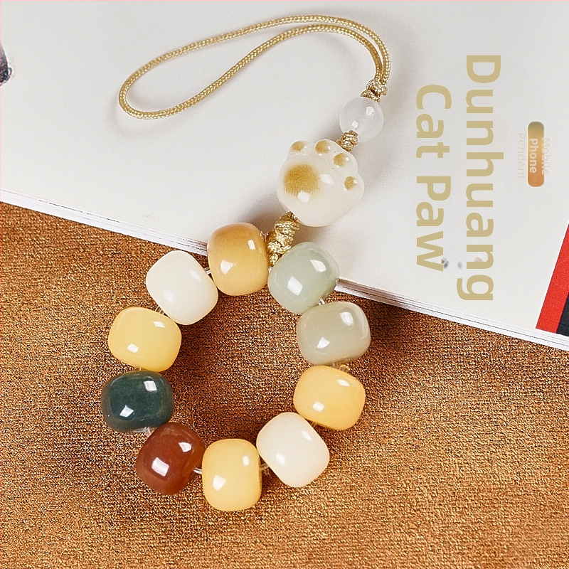 Telefónny reťazec s Bodhi korálkami a motívom mačacej labky, ručne vyrezávané korálky, vzor rastlín a kvetov, svieži a sladký štýl