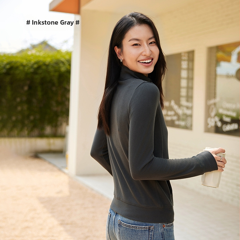 Dámska velúrová mikina so stojacim golierom a zipsom, Slim Fit, dlhé rukávy, japonsko-kórejský casual štýl, vlákno regenerovanej celulózy