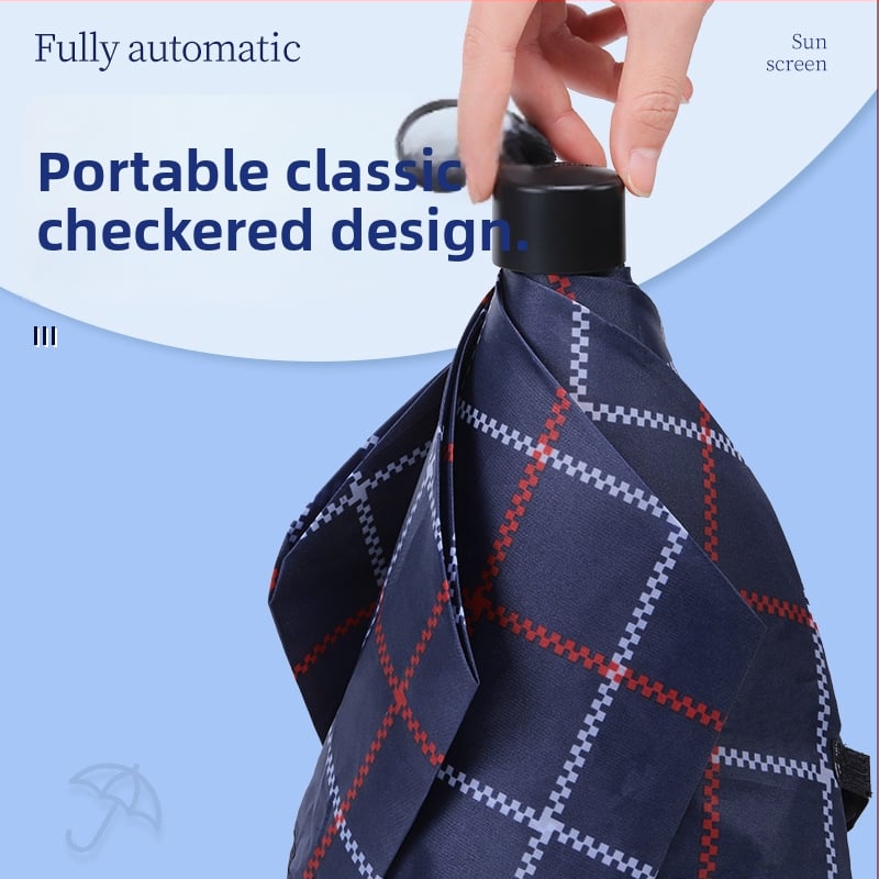 Ομπρέλα τριπλής πτυχής με καρό σχέδιο, ύφασμα πολυεστερικό 210T, 7 ατσάλινες ράβδοι, χειροκίνητο άνοιγμα