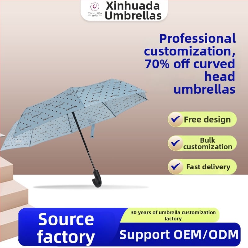 Automatický dáždnik pre podnikanie s 8 ramenami, zahnutou rukoväťou, železným rámom, trojité skladanie, na slnko aj dažď
