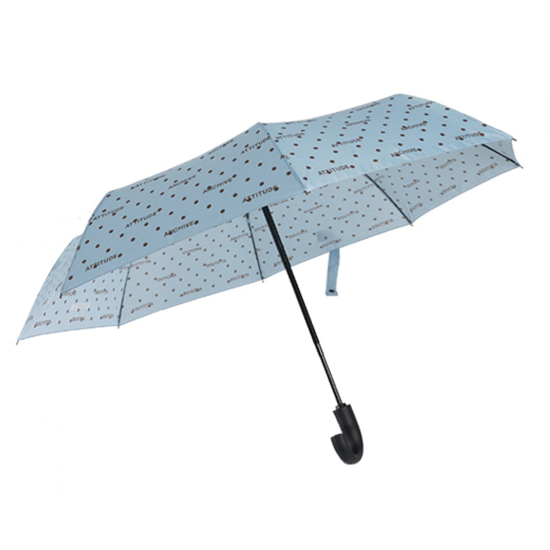 Automatický dáždnik pre podnikanie s 8 ramenami, zahnutou rukoväťou, železným rámom, trojité skladanie, na slnko aj dažď