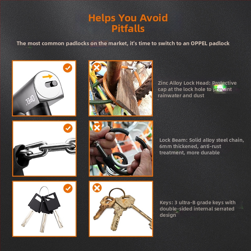 OPĒL Ķēdes Aizsargs Velosipēdam un Durvīm – Modelis JTS-LT-K2-6-1000, sakausējuma tērauds un cinka sakausējums