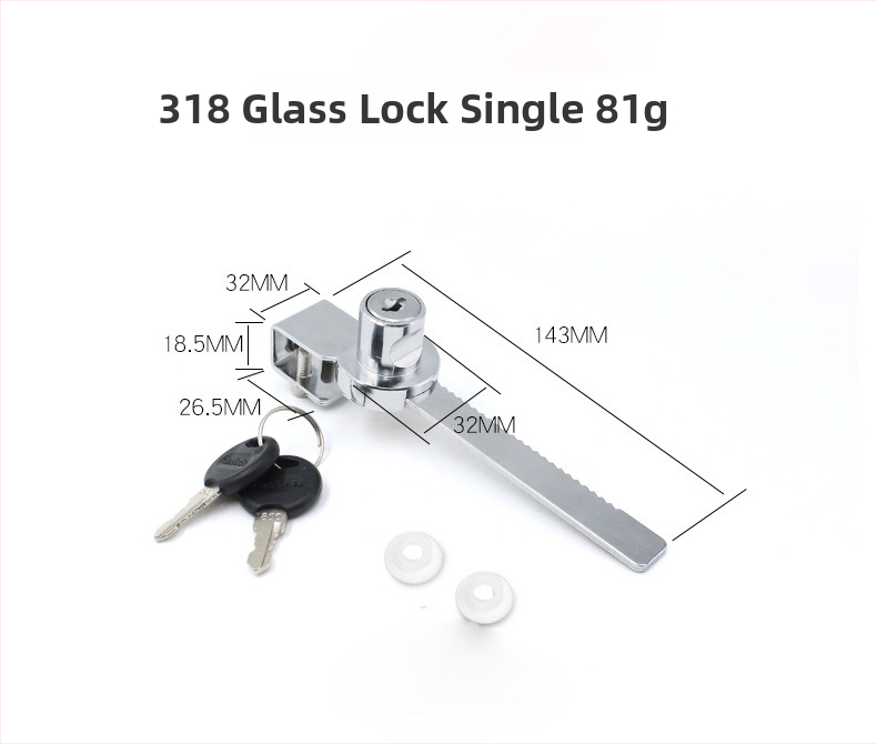 Zámok pre posuvné dvere a okná - model 328/318; zinkový zliatok; Gao Yi Hardware; vhodný pre posuvné dvere, okná, výstavné skrinky a písacie stoly.