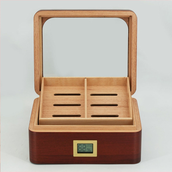 Arcová drevená krabička na cigare s priehľadným okienkom, viacvrstvovými priečkami a zvlhčovacou funkciou