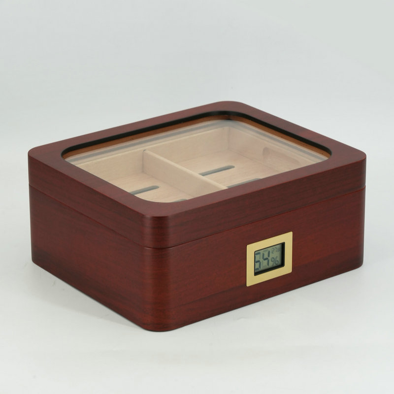 Arcová drevená krabička na cigare s priehľadným okienkom, viacvrstvovými priečkami a zvlhčovacou funkciou