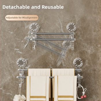 2-úrovňový držiak na uteráky so sacími pohármi – bez vŕtania, na stenu, s háčikmi, materiál: plast + nerezová oceľ, Nosnosť 25