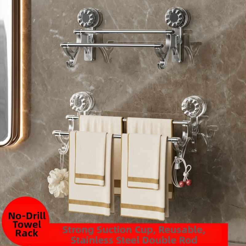 2-úrovňový držiak na uteráky so sacími pohármi – bez vŕtania, na stenu, s háčikmi, materiál: plast + nerezová oceľ, Nosnosť 25