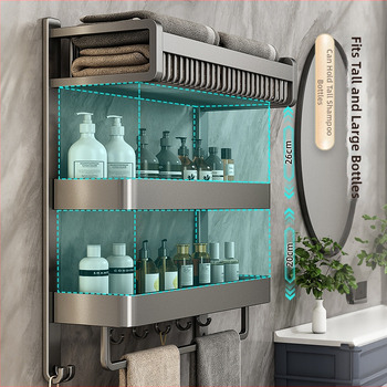Chef jun Trojposchodový nástenný vešiak na uteráky z hliníkovej zliatiny s integrovanou poličkou do kúpeľne, moderný minimalistický štýl