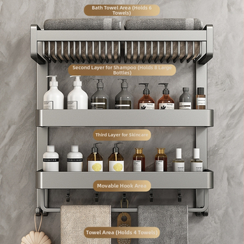 Chef jun Trojposchodový nástenný vešiak na uteráky z hliníkovej zliatiny s integrovanou poličkou do kúpeľne, moderný minimalistický štýl