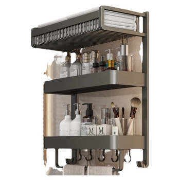 Chef jun Trojposchodový nástenný vešiak na uteráky z hliníkovej zliatiny s integrovanou poličkou do kúpeľne, moderný minimalistický štýl