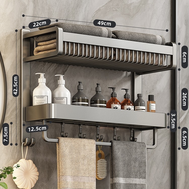 Chef jun Trojposchodový nástenný vešiak na uteráky z hliníkovej zliatiny s integrovanou poličkou do kúpeľne, moderný minimalistický štýl