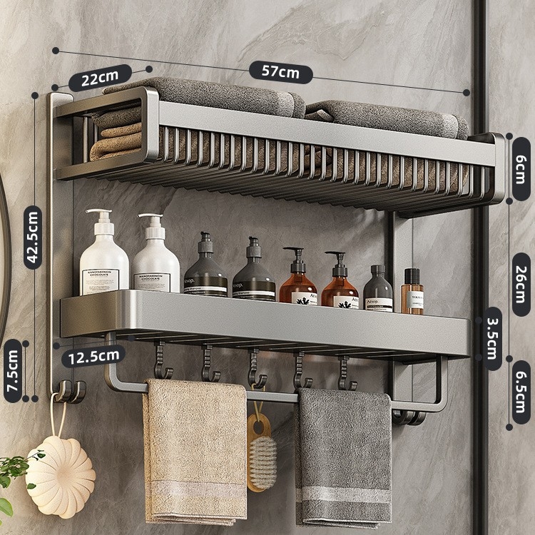 Chef jun Trojposchodový nástenný vešiak na uteráky z hliníkovej zliatiny s integrovanou poličkou do kúpeľne, moderný minimalistický štýl