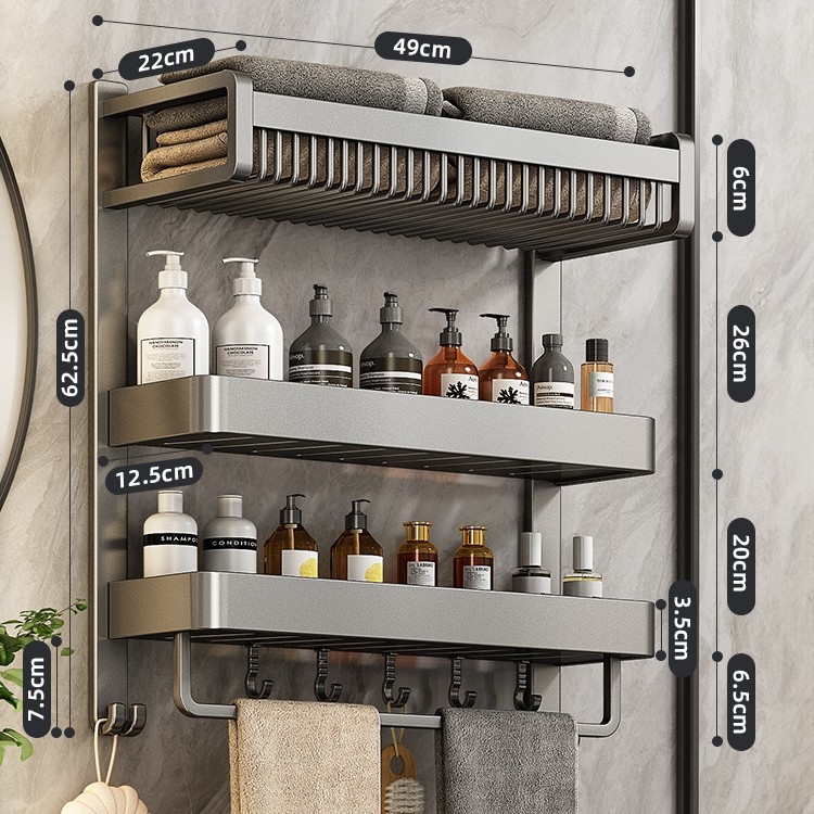 Chef jun Trojposchodový nástenný vešiak na uteráky z hliníkovej zliatiny s integrovanou poličkou do kúpeľne, moderný minimalistický štýl