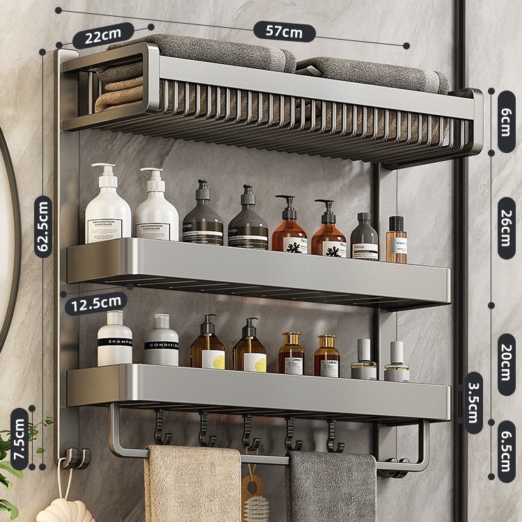 Chef jun Trojposchodový nástenný vešiak na uteráky z hliníkovej zliatiny s integrovanou poličkou do kúpeľne, moderný minimalistický štýl