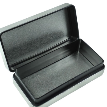 Štvorcová kovová šperková balíčka s matným povrchom a sklopným krytom – rozmery 106×54×37 mm, hrúbka steny 0,23 mm, model 1