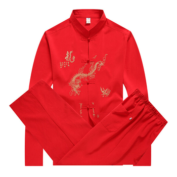 Pánsky Tang kostým s drakom vyšívaným, dlhé rukávy, Taiji štýl, čínsky vietor, 100% polyester, jar–jeseň, voľnočasové oblečenie