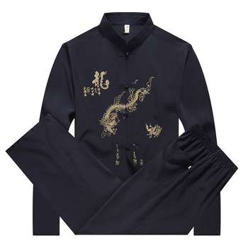 Pánsky Tang kostým s drakom vyšívaným, dlhé rukávy, Taiji štýl, čínsky vietor, 100% polyester, jar–jeseň, voľnočasové oblečenie