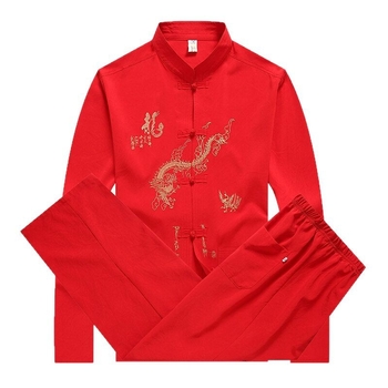 Pánsky Tang kostým s drakom vyšívaným, dlhé rukávy, Taiji štýl, čínsky vietor, 100% polyester, jar–jeseň, voľnočasové oblečenie